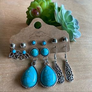 6 pairs silver bohemian earrings stud and hanging